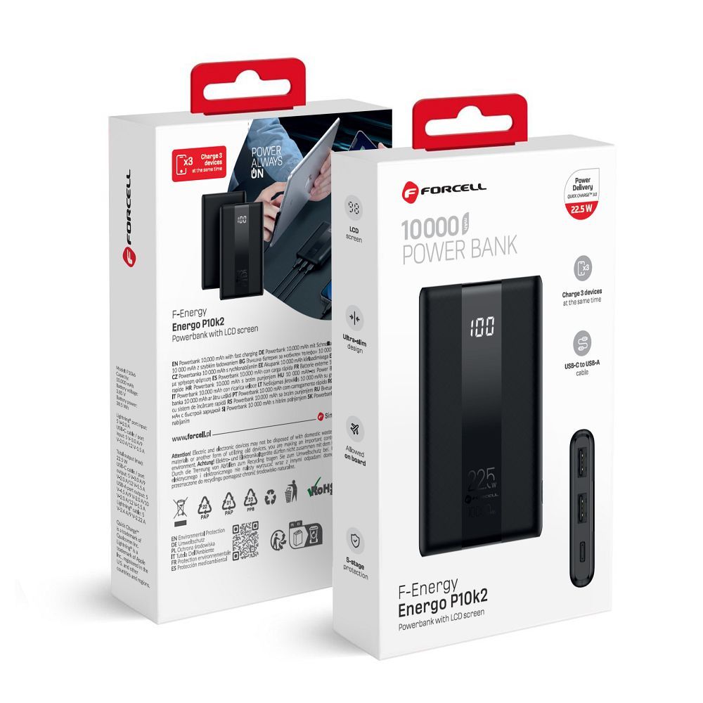 Powerbanka Forcell F-Energy Energo P10K2 QC3.0 PD 3A 22,5 W 10 000 mAh černá