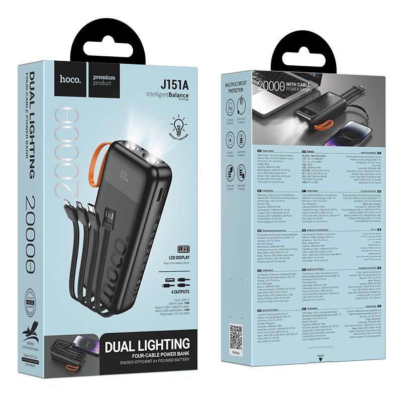 Powerbanka Hoco 20 000 mAh 2 A s integrovanými kabely USB-A, USB-C, Lightning a Micro USB a dvojitým LED diodovým indikátorem J151A, černá