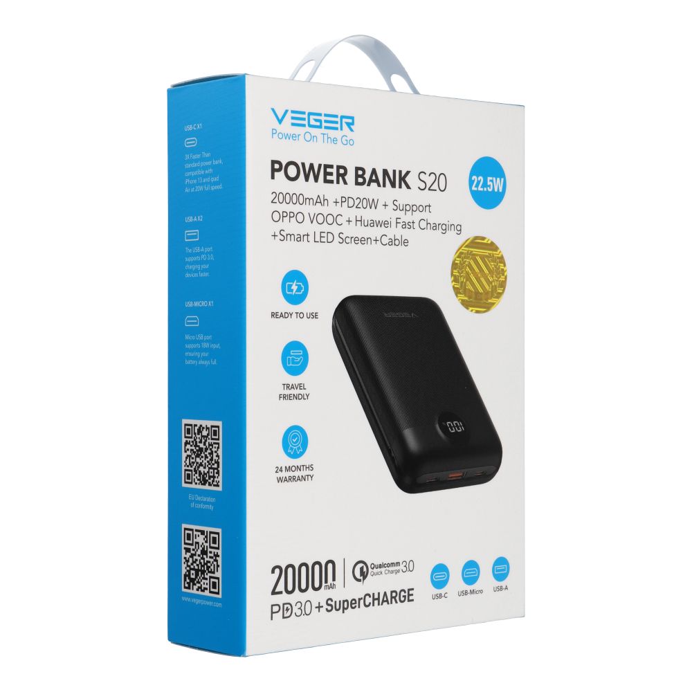 Powerbanka Veger S20 (W2081) PD QC3.0 2 A 22,5 W 20 000 mAh černá