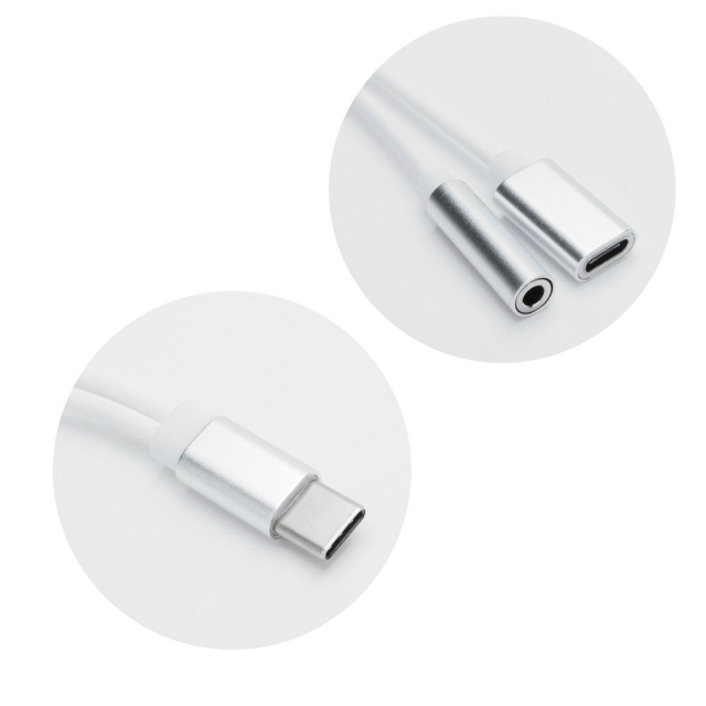 Adaptér AUX 2 v 1: typ C (samec) na typ C (samice) / 3,5 mm jack (samice), bílý
