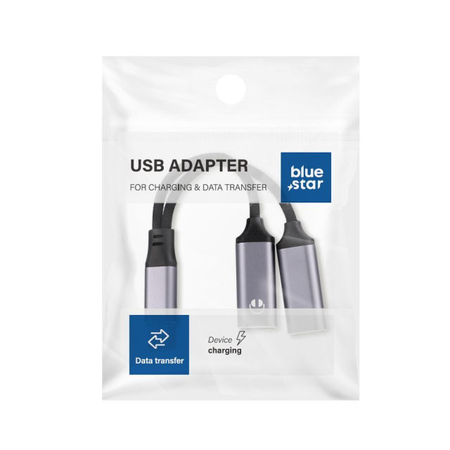 Adaptér AUX 2 v 1 typ C (samec) na typ C (samice) / typ C (samice) Blue Star, černý [DAC] – nabíjení až 25 W