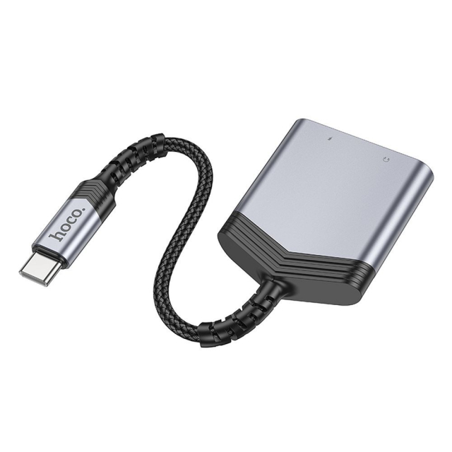 Adaptér AUX 2v1 USB-C na USB-C / 3,5 mm jack Hoco 27 W LS39, kovově šedý