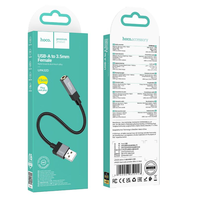 Adaptér AUX USB A (samec) na 3,5 mm jack (samice) Hoco UPA32D černý