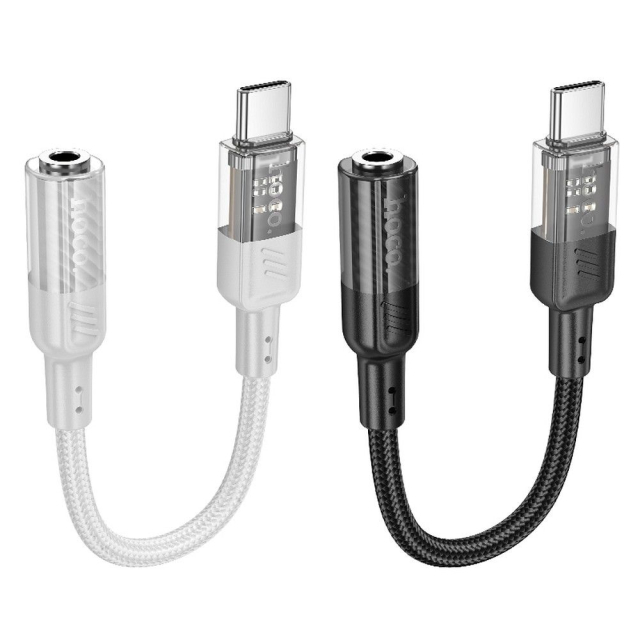 Adaptér AUX USB-C na 3,5 mm jack Hoco, 0,15 m, LS37, průhledně šedý