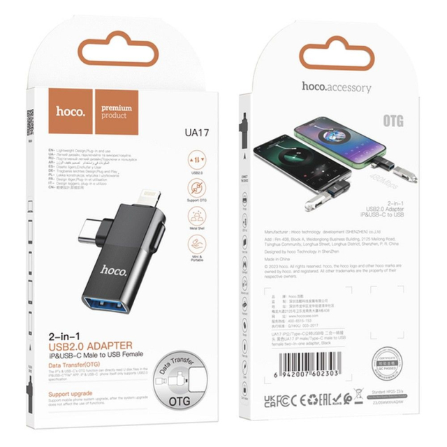 Adaptér OTG 2 v 1 USB-C / Lightning na USB-A Hoco UA17, černý