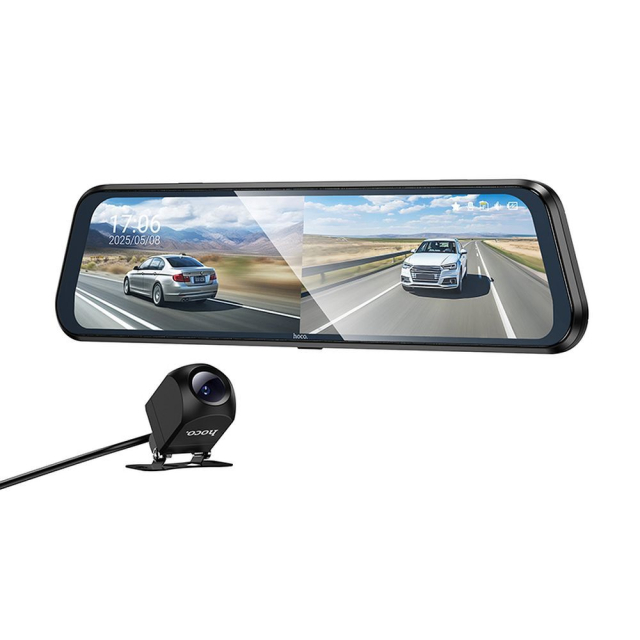 Autokamera do zpětného zrcátka s displejem 9,66" 1080p/30 snímků za sekundu + zadní kamera 720p/30 snímků za sekundu Hoco DV16 černá