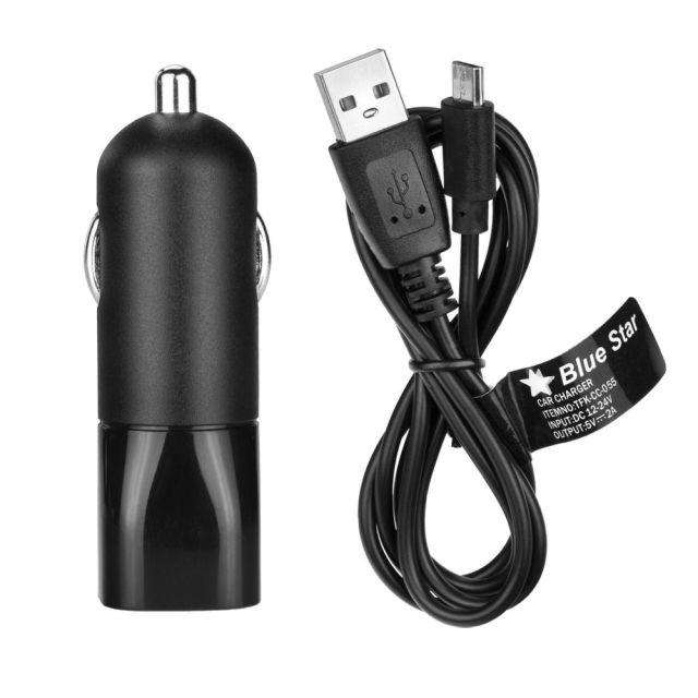 Autonabíječka Blue Star USB A 2A + kabel USB A na Micro USB, černá