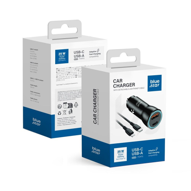 Autonabíječka Blue Star USB-C + USB-A QC3.0, PD, AFC, PPS, 3 A, 25 W + kabel USB-C na Lightning, černá