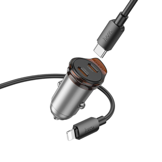 Autonabíječka Hoco 2 x USB-C QC PD 45 W + kabel USB-C na Lightning NZ16B, kovově šedá