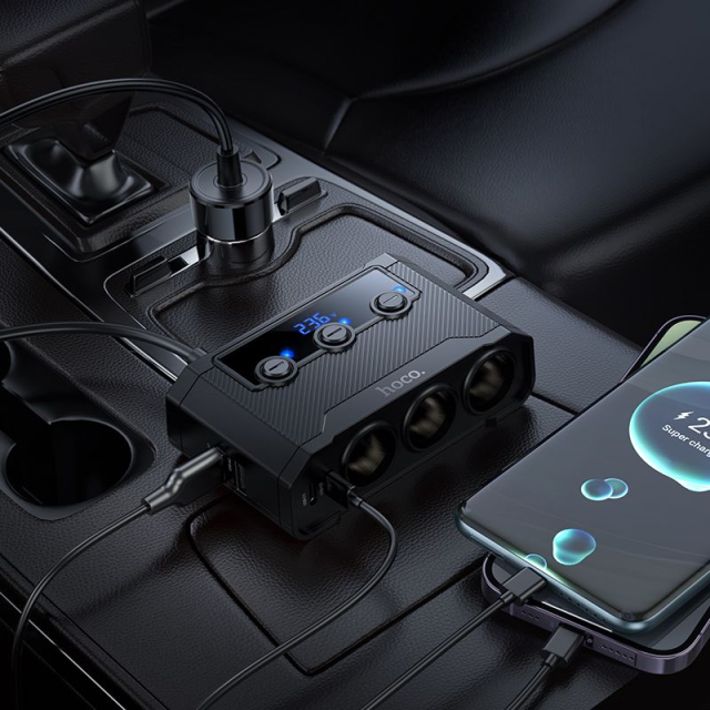Autonabíječka Hoco 2x USB-A + 2x USB-C + 3x zásuvky do zapalovače, PD, QC 3.0, 240 W, Z64, černá