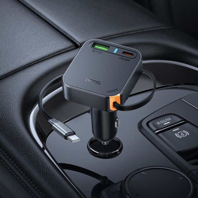 Autonabíječka Hoco s navíjecím kabelem, 2 x USB-C + USB-A, QC, PD 65 W, NZ18, černá