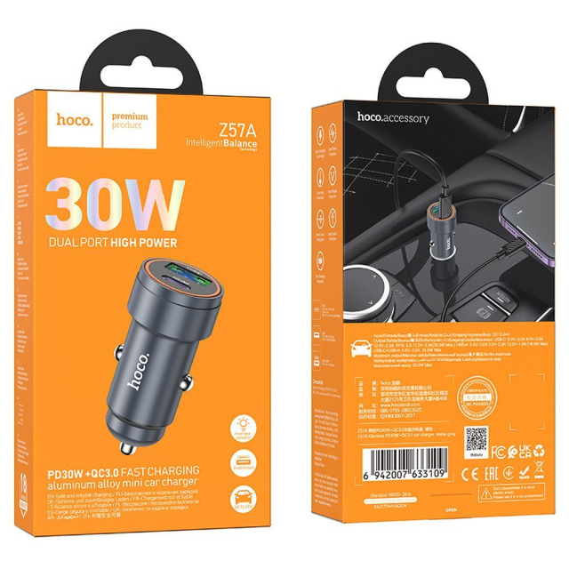 Autonabíječka Hoco USB-A + USB-C PD QC3.0 3 A 30 W Z57A, kovově šedá