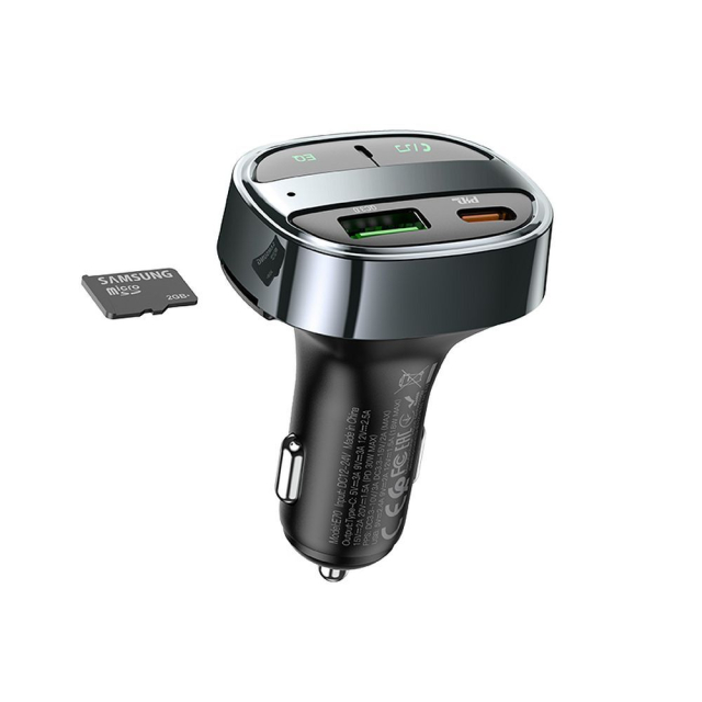 Autonabíječka Hoco USB-A + USB-C PD QC3.0 5 A 30 W s digitálním displejem + FM/BT vysílač E70, obsidiánově černá