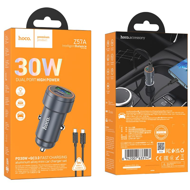 Autonabíječka Hoco USB-A + USB-C QC3.0 PD 30 W s kabelem USB-C na USB-C, model Z57A, černá