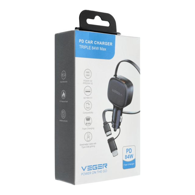 Autonabíječka VEGER USB-C + kabel USB-C / Lightning QC PD 84 W CC89 černá