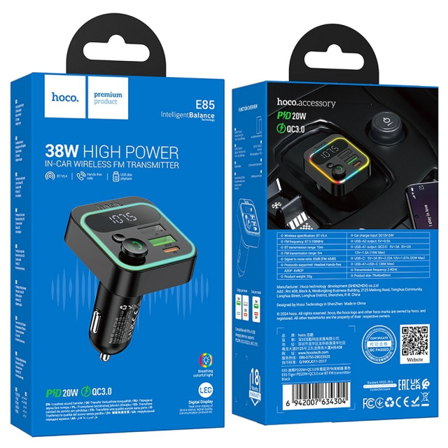 Autopřijímač HOCO FM, Bluetooth, 2 x USB A + Type-C, PD, QC 3.0, 20 W, E85, černý