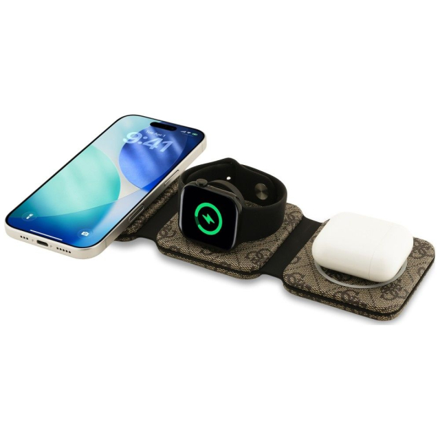 Bezdrátová nabíječka 3 v 1 kompatibilní s MagSafe, 15 W, GUESS GUE005640, hnědá