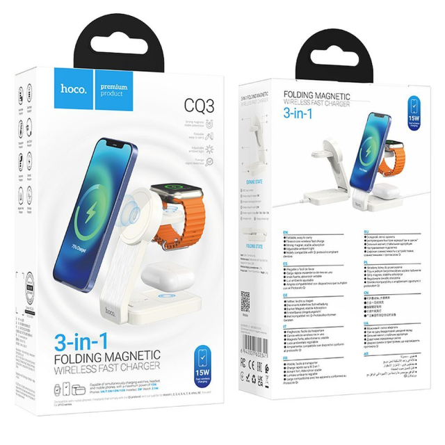 Bezdrátová nabíječka Hoco 3 v 1, 15 W, kompatibilní s MagSafe, CQ3, bílá