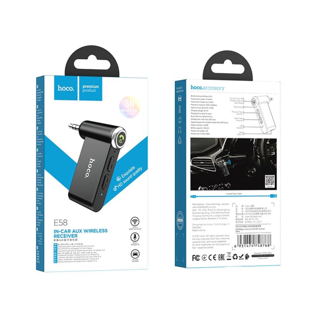 Bezdrátový autorádio Hoco AUX Bluetooth, 3,5 mm konektor, E58, černý