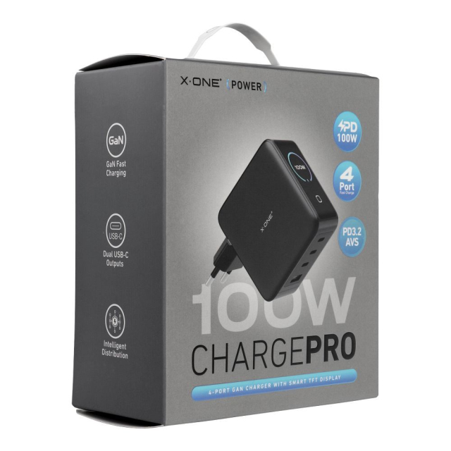 Cestovní nabíječka X-ONE ChargeGo GaN s LCD displejem, 100 W, 2x USB-C – černá