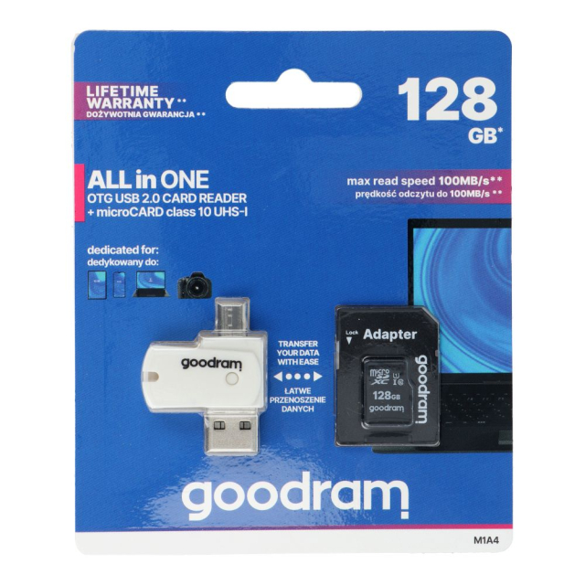 Čtečka karet GOODRAM USB A + Micro USB ALL IN ONE M1A4 + paměťová karta micro SD 128 GB s adaptérem SD