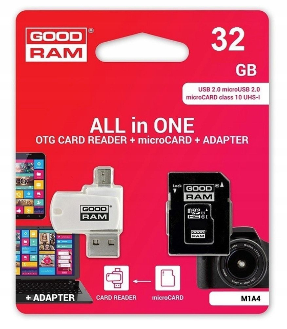 Čtečka karet GOODRAM USB A + Micro USB ALL IN ONE M1A4 + paměťová karta micro SD 32 GB s adaptérem SD