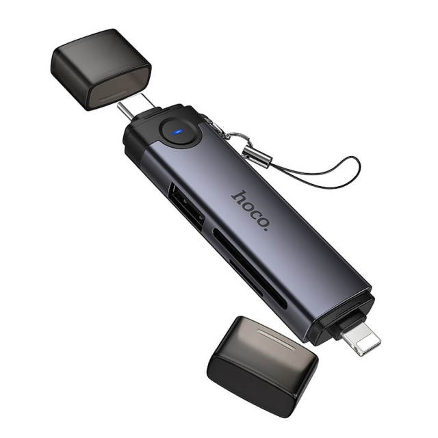 Čtečka karet SD/TF 3.0 + USB 2.0 Type-C/Lightning Hoco HB56B, šedá