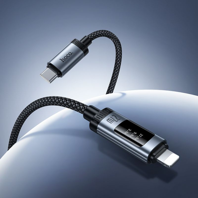 Datový kabel s digitálním displejem, USB-C na Lightning, Hoco PD 27 W, 1,2 m, U148, černý