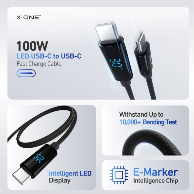 Datový kabel X-ONE BoltLink pro LED displej – typ C na C – max. 100 W, 1,5 m, černý