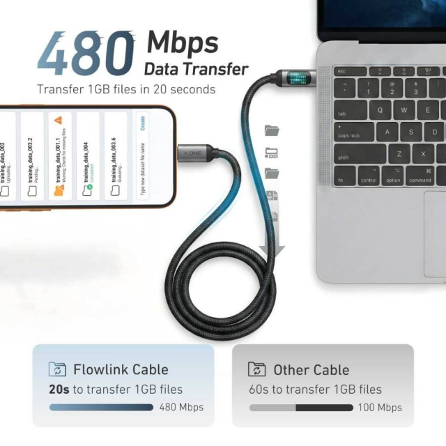 Datový kabel X-ONE FlowLink Running LED – typ C na C – 5 A, max. 100 W, 1,2 m, černý