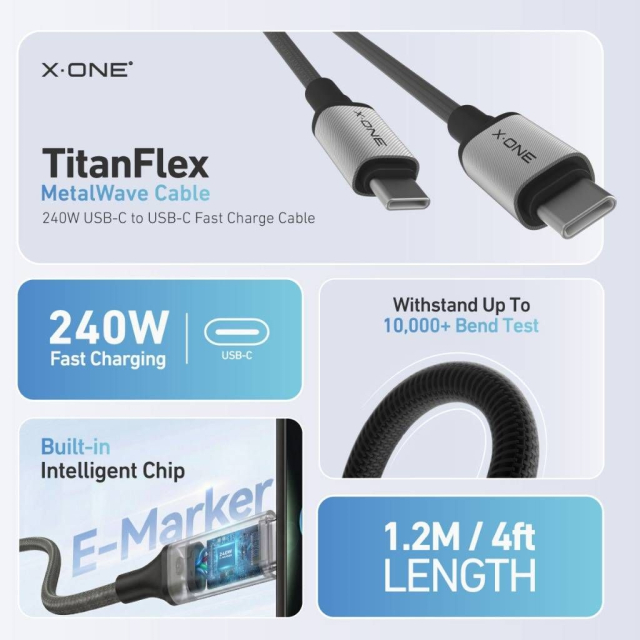 Datový kabel X-ONE TitanFlex – typ C na C – 5 A, max. 240 W, 1,2 m, černý