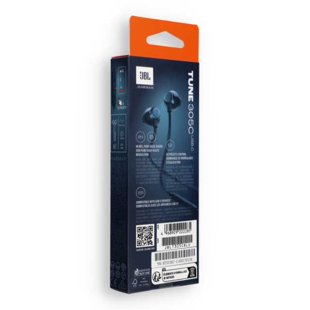 Drátová sluchátka USB-C JBL 305C, modrá