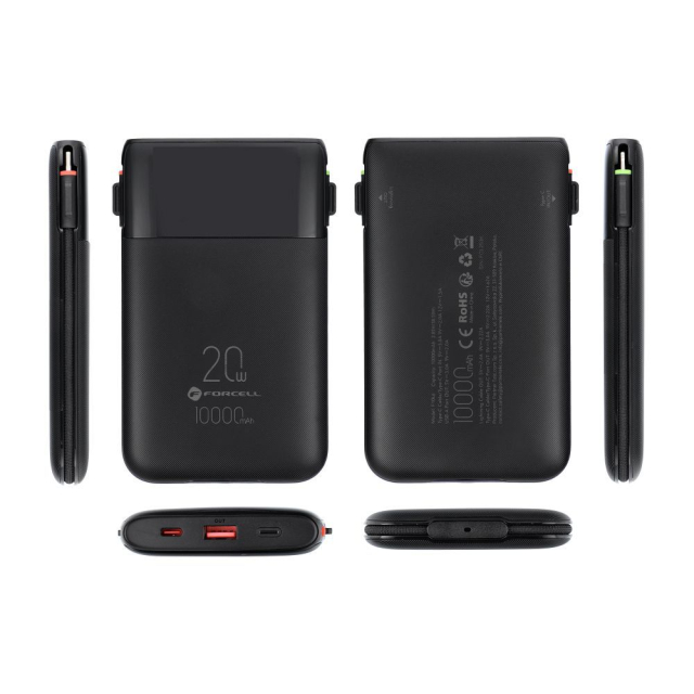 FORCELL F-ENERGY F10K6 Powerbanka s více nabíjecími porty a integrovanými kabely typu C a Lightning, PD, QC3.0, 3 A, 22,5 W, 10 000 mAh, černá