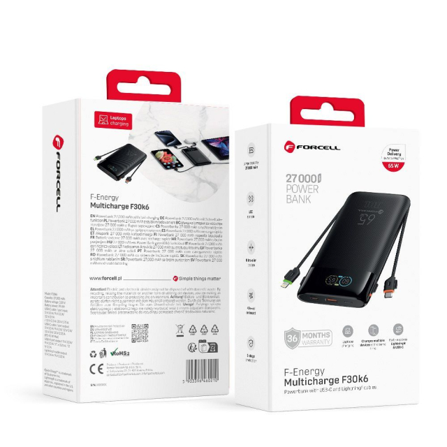 FORCELL F-ENERGY F30K6 Powerbanka s více nabíjecími porty a integrovanými kabely typu C a Lightning, PD, QC3.0, 3 A, 65 W, 27 000 mAh, černá