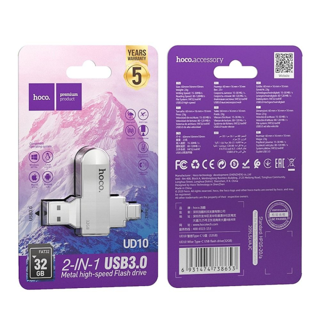 Hoco UD10 32 GB USB 3.0 (USB A + USB C) stříbrná