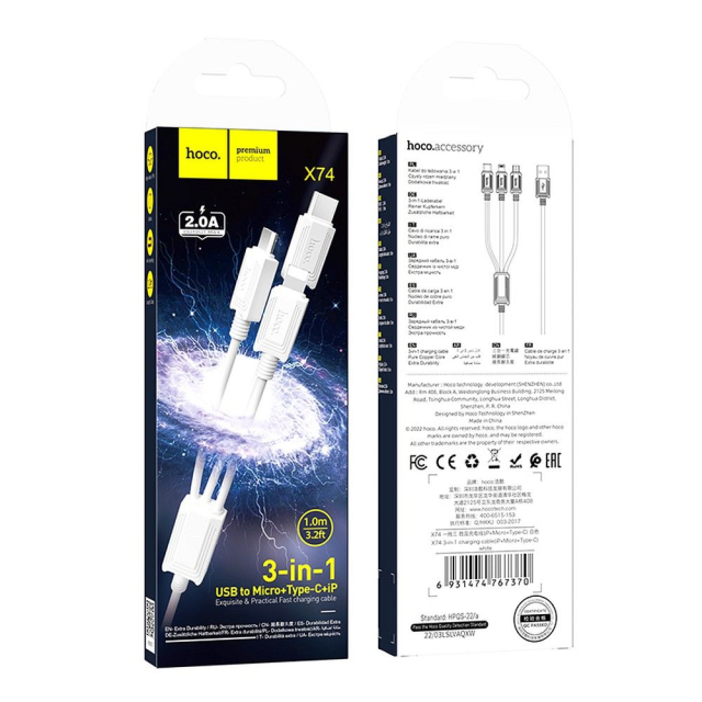 Kabel 3 v 1 USB-A na Lightning / Micro USB / USB-C Hoco 2 A, 1 m, X74, bílý