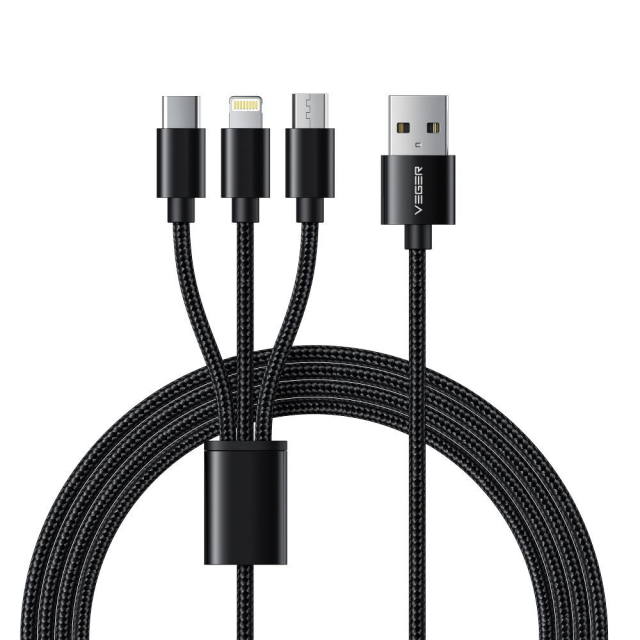 Kabel 3 v 1 USB-A na Lightning / Typ C / Micro USB VEGER 2,4 A 18 W V303 1,2 m černý