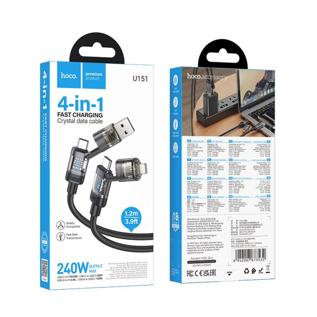 Kabel 4 v 1 USB A/C na USB C/Lightning Hoco 240 W, 1,2 m, U151, černý