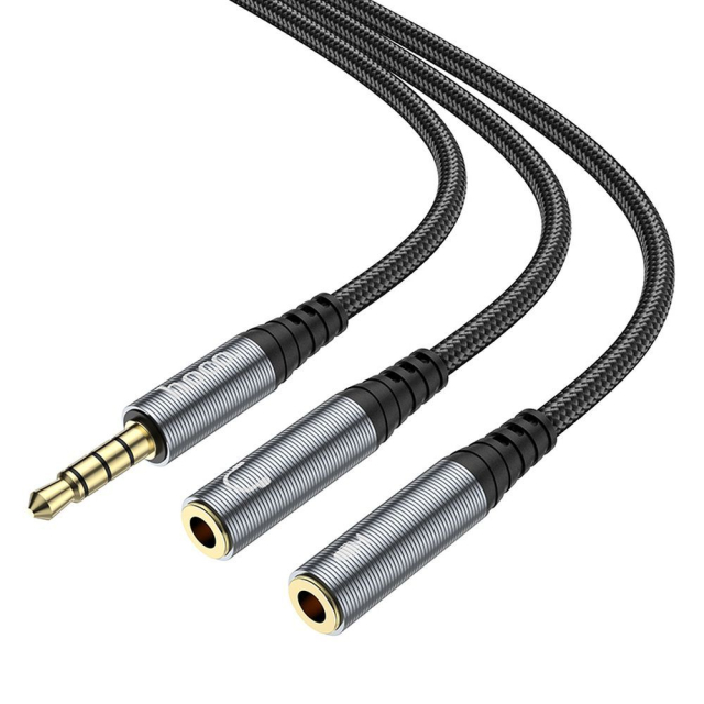 Kabel AUX 2 v 1, konektor 3,5 mm (samec) na 2 x konektor 3,5 mm (samice), Hoco, 0,25 m, UPA21, kovově šedý