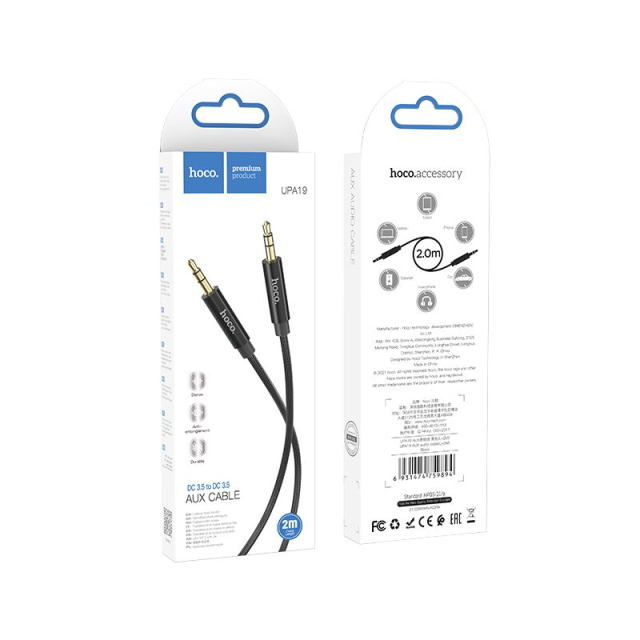Kabel AUX z konektoru 3,5 mm na konektor 3,5 mm Hoco, 2 m, UPA19, černý