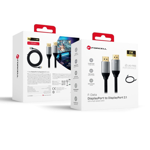 Kabel DisplayPort – DisplayPort 2.1 Forcell 16K 60 Hz/8K 120 Hz/4K 240 Hz – vysokorychlostní, HDR, Ethernet, G-SYNC/FreeSync, 80 Gbps, 2 m, černý