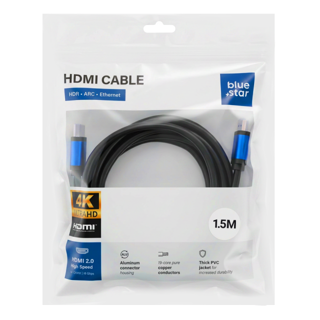 Kabel HDMI 2.0 Blue Star 4K 120 Hz – vysokorychlostní, HDR, ARC, Ethernet, AWM, 18 Gbps, 1,5 m, černý