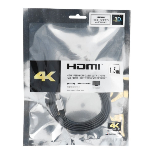 Kabel HDMI–HDMI 4K 60 Hz, vysokorychlostní s Ethernetem, verze 2.0, v blistru, 1,5 m, černý