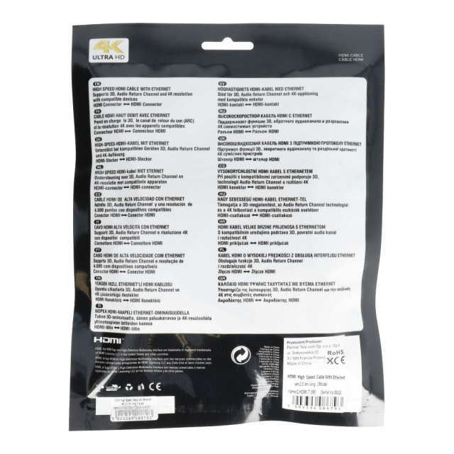 Kabel HDMI–HDMI 4K 60 Hz, vysokorychlostní s Ethernetem, verze 2.0, v blistru, 3 m, černý