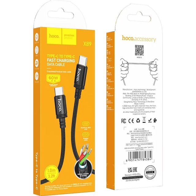 Kabel Hoco USB-C na USB-C, 3 A, 60 W, 1 m, X89 černý