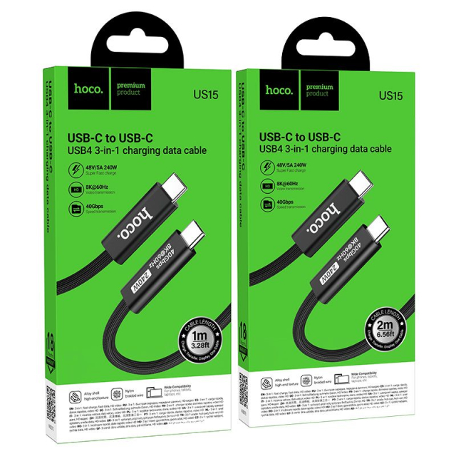 Kabel Hoco USB-C na USB-C, USB4, 40 Gbps/8K 60 Hz, 5 A, 240 W, 1 m, US15, černý