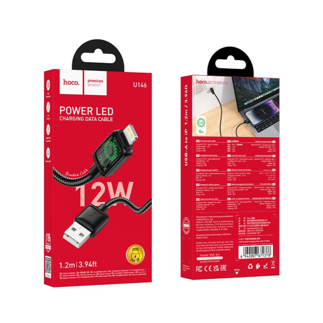 Kabel s LCD displejem, USB-A na Lightning, Hoco, 2,4 A, 1,2 m, U146, černý