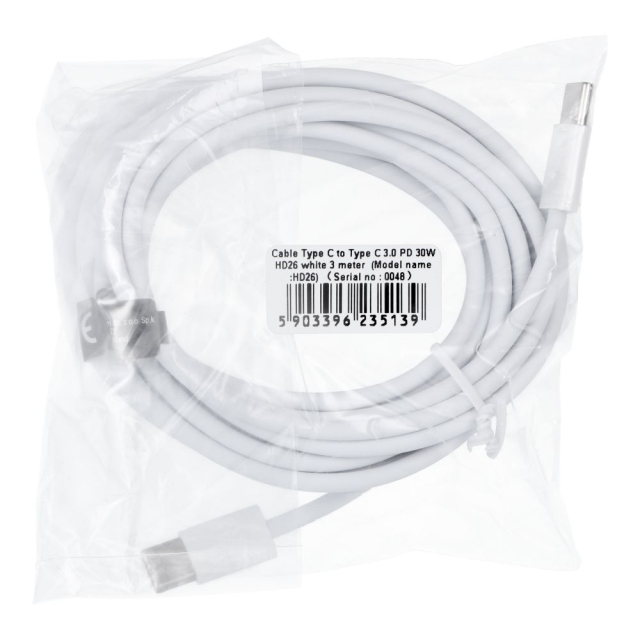 Kabel typu C na typ C, PD, QC3.0, 3 A, 30 W, HD26, 3 m, bílý