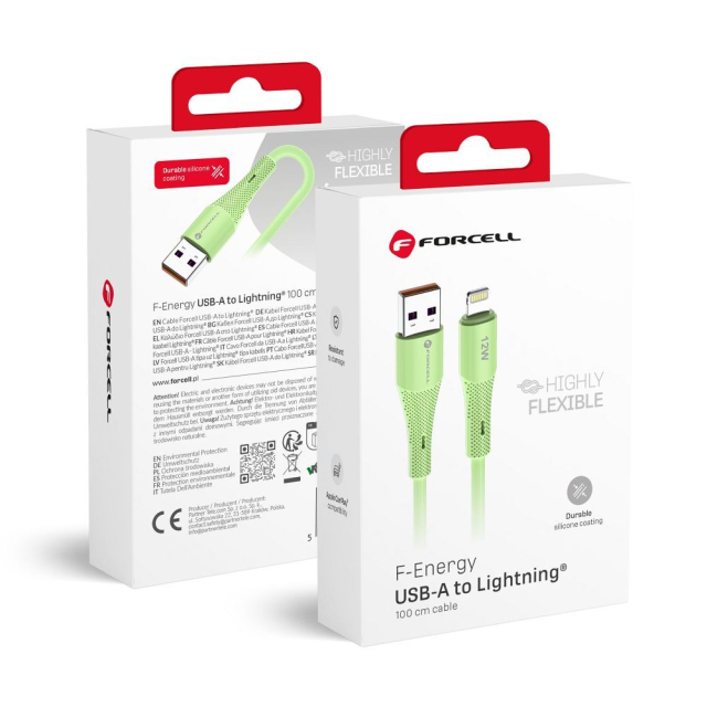 Kabel USB A na Lightning Forcell F-Energy 2,4 A 12 W, silikonový, 1 m, C343, zelený