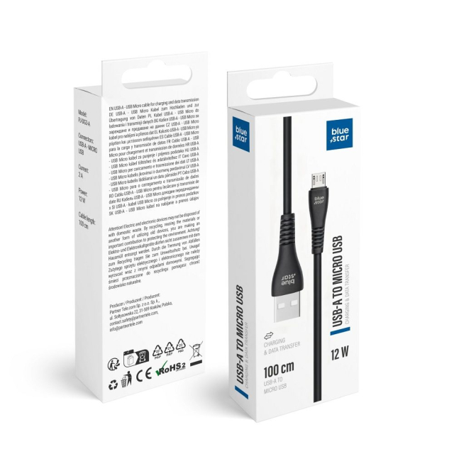 Kabel USB A na Micro USB Blue Star 2 A, 12 W, 1 m, PJ-DG3-A, černý